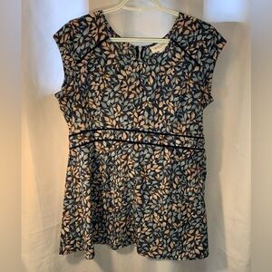 Motherhood Maternity Top Blue Peach Leaf Print Blouse Empire Waist Size Medium